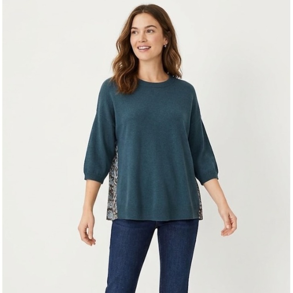New Ann Taylor Blue Mix Media Knit Front Pleated Back Pullover Top Large